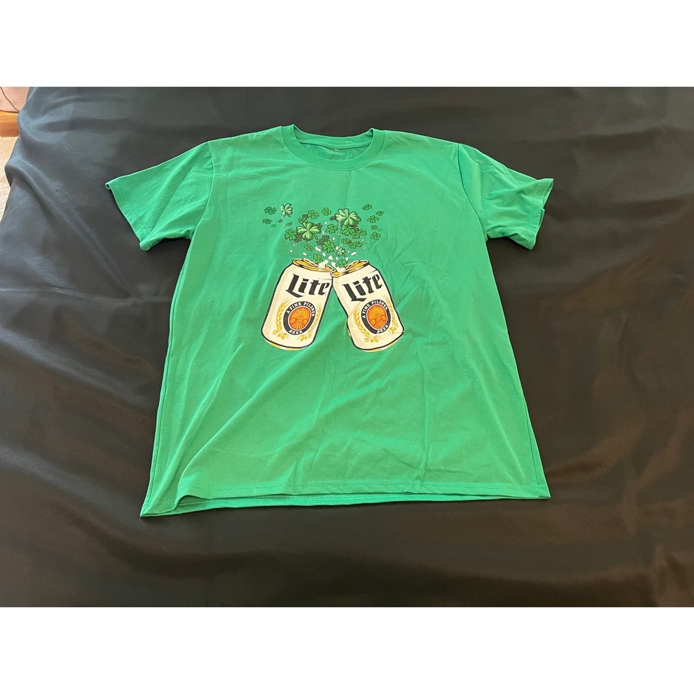 Miller Lite Mens St Patricks Day T-Shirt Green Miller Time Shamrocks Large
